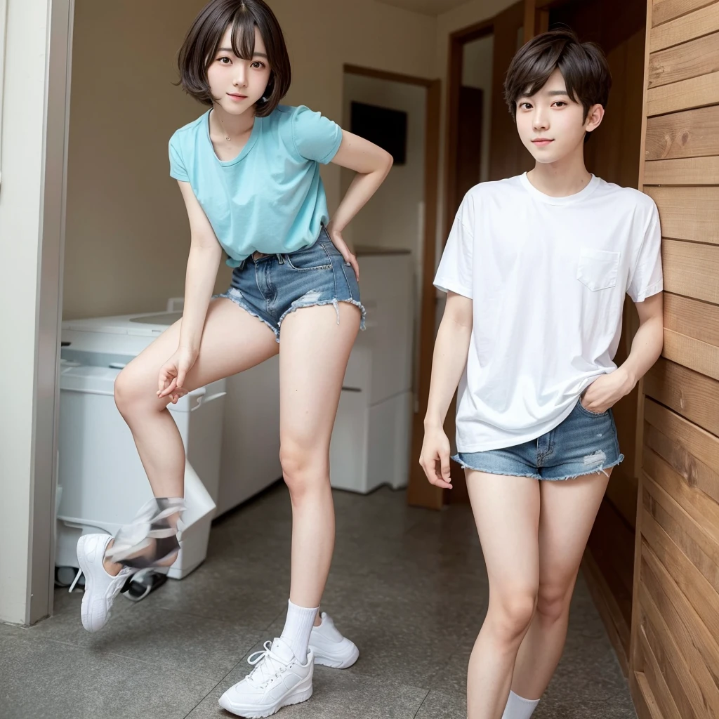 Cute boy of average height with cute cosplay short shorts with beautiful legs a little mature 