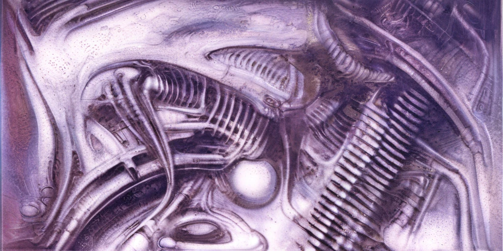 g1g3r, Giger_style, The image is a detailed view of H.R. Giger's \" Li II \" plate, featuring a complex network of bones and organs in a purple-brown hue ,swirling gray and brown colorsgroup of three alien figures positioned in the foreground. Emaciated and skeletal, with hollow eyes, they appear to be constructed from bone and metallic elements, a characteristic fusion of organic and mechanical forms found in Giger's biomechanical art.
The image features a robotic humanoid figure with intricate mechanical details, standing in a room with a glowing screen displaying the word \"EVE\" and a hand reaching out to touch its face. The background is a dark and limited space painted in a uniform blue-green color. This lack of detail keeps the focus on the figures and creates a sense of mystery about their environment. Receding into the distance are a series of arches and tunnels that hint at a larger biomechanical landscape, possibly the work of the creatures themselves The artwork is silver and purplish brown, with an ivory bones prominently displayed. The image is highly detailed and intricate, almost like a 3d version of a medical diagram (detailed view of an anatomy model, possibly of a human body, with transparent organs and bones exposed). The piece has a thick mechano-organic texture and is covered in fine details. The image has a swirling, organic quality to it. The artistic manner would be unmistakably Gigeresque. A dark and unsettling beauty would permeate the piece, blurring the lines between fascination and repulsion , forever haunted by the grotesque allure. Giger's signature artistic manner would be evident in every stroke. The airbrush would be wielded with masterful precision to create a hyperrealistic yet nightmarish aesthetic.., ooze soaked pajama top