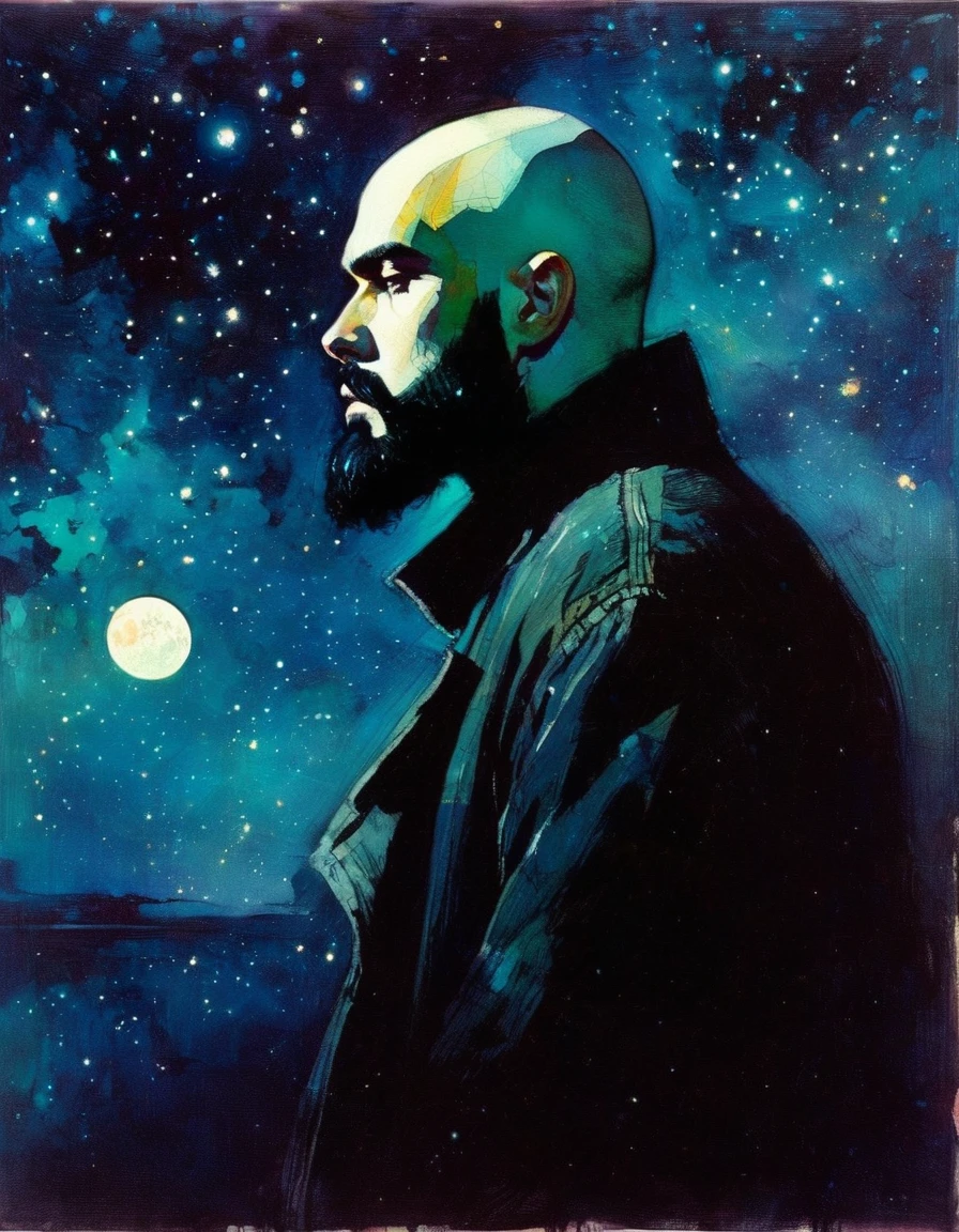 young, bald man with black beard, loneliness, fantastic, night sky, moon, stars, background (art inspired by Bill Sienkiewicz). oil painting)
