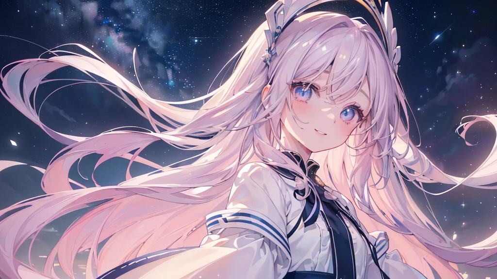 (Night Sky), ((Beautiful eyes)), (((The best smile))), (((Highest quality、masterpiece、Ultra-fine、Ultra-fine、Exquisite、16K、Full HD,high school girl))) 、Long eyelashes、White skin、(thin and long)、 ((cute)) ((One person)),Zoom out,(A magnificent composition、epic proportion)、(Pale pink lips、Pale pink cheeks、thin and long)、Dynamic lighting,