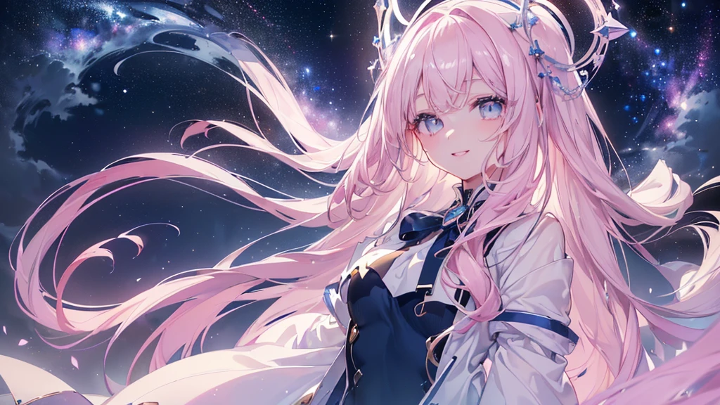 (Night Sky), ((Beautiful eyes)), (((The best smile))), (((Highest quality、masterpiece、Ultra-fine、Ultra-fine、Exquisite、16K、Full HD,high school girl))) 、Long eyelashes、White skin、(thin and long)、 ((cute)) ((One person)),Zoom out,(A magnificent composition、epic proportion)、(Pale pink lips、Pale pink cheeks、thin and long)、Dynamic lighting,