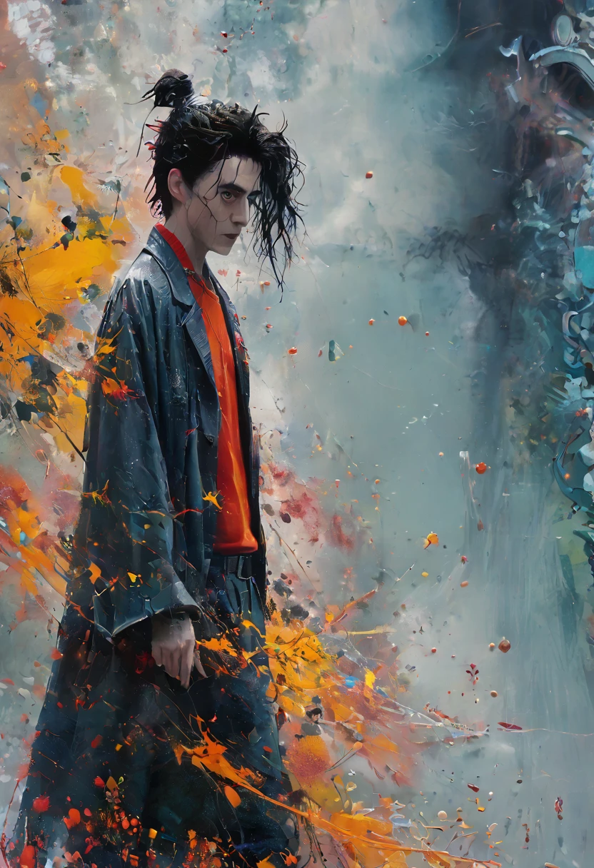 (Masterpiece, 8K, UHD, high resolution: 1.4), (Edward Scissorhands in the style of Spider-Verse: 1.3), (detailed and gothic outfit of Edward Scissorhands: 1.2), (hands with shining blades: 1.3), (disheveled hair and melancholic expression: 1.2), (background with stylized and colorful urban scenery: 1.1), (graffiti and street art elements: 1.2), (vibrant and dynamic atmosphere: 1.3), (detailed and intricate textures: 1.2), (elements of fantasy and action: 1.2), (innovative and artistic perspective: 1.3)