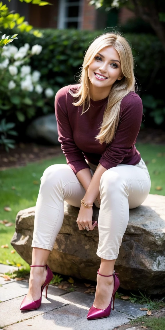 Allie Dunn, blond hair, (burgundy sweatshirt), (cream pants), (high heels), (perfect leggs), (whole body), (posing), (photo pose), (sitting on stone), (confident stance), (alluring allure), (impeccable craftsmanship), (exquisite attention to detail), (smile) (perfect smile), perfect lipps), (perfect teeth), (perfect smile), (irresistible sexiness), (designed to ignite passion), (undeniable sensuality). looking at viewer, smiling, masterpiece, best quality, highly detailed, (Beautiful and detailed eyes), (beautiful and detailed face), Perfect female body, (Best Quality), (ultra-detailed), (master piece), (high resolution), (Original), (the Extremely Detailed CG Unity 8K Wallpapers), big , perfect skin, perfect face, ultra realistic, sexy.
