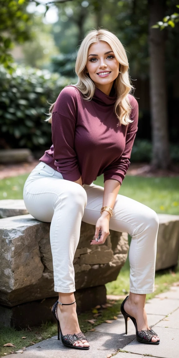 Allie Dunn, blond hair, (burgundy sweatshirt), (cream pants), (high heels), (perfect leggs), (whole body), (posing), (photo pose), (sitting on stone), (confident stance), (alluring allure), (impeccable craftsmanship), (exquisite attention to detail), (smile) (perfect smile), perfect lipps), (perfect teeth), (perfect smile), (irresistible sexiness), (designed to ignite passion), (undeniable sensuality). looking at viewer, smiling, masterpiece, best quality, highly detailed, (Beautiful and detailed eyes), (beautiful and detailed face), Perfect female body, (Best Quality), (ultra-detailed), (master piece), (high resolution), (Original), (the Extremely Detailed CG Unity 8K Wallpapers), big , perfect skin, perfect face, ultra realistic, sexy.