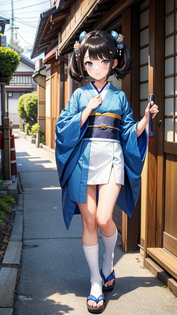 twelve year old brunette girl,Hairpin,Geisha hairstyle,Blue Kimono,White socks,Straw sandals,Japanese Street