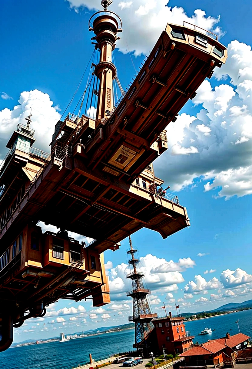 Same exact image in new model, steampunk, Flying battleship in the air,The cabin and bottom are inverted,With the sky and the city as the background,em estilo medieval,Ballista