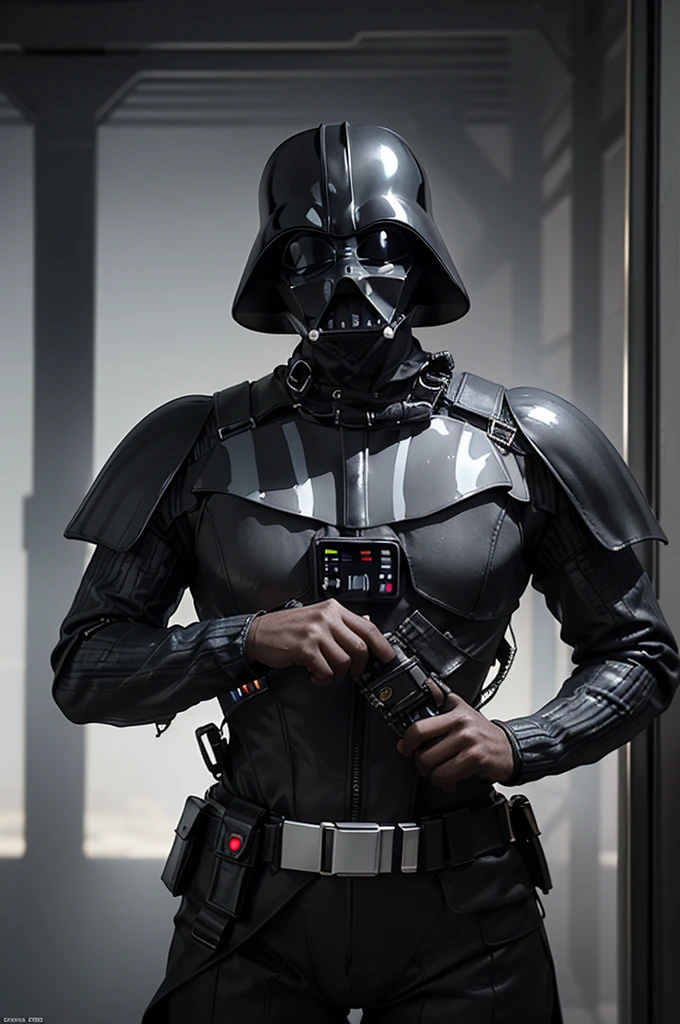 (Highest image quality, outstanding details, ultra-high resolution), 1 girl, (wearing futuristic military outfit), (glamour body:1.2, buffed and muscular body), (a bit chubby:0.5), (futuristic military outfit inspired by Darth Vader from Star Wars, military harness, military gears such as pouches), background military base, mild smile, dynamic pose, dramatic lighting,