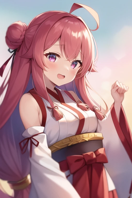One girl, alone, Long Hair, King Kongu (Kantai Collection),Sakura Miko, Pink Hair, Double Bang, Purple eyes, Hair Bun, Ahoge, Open your mouth, Non-traditional Shrine Maiden, Removable sleeves, Brown eyes, White Background, (headgear):2, (Hair Bunド):2, smile, Sleeves edged with ribbon, Simple Background, kimono, Ribbon trim, View your viewers,  username, Upper Body, Wide sleeves, :d, King Kong