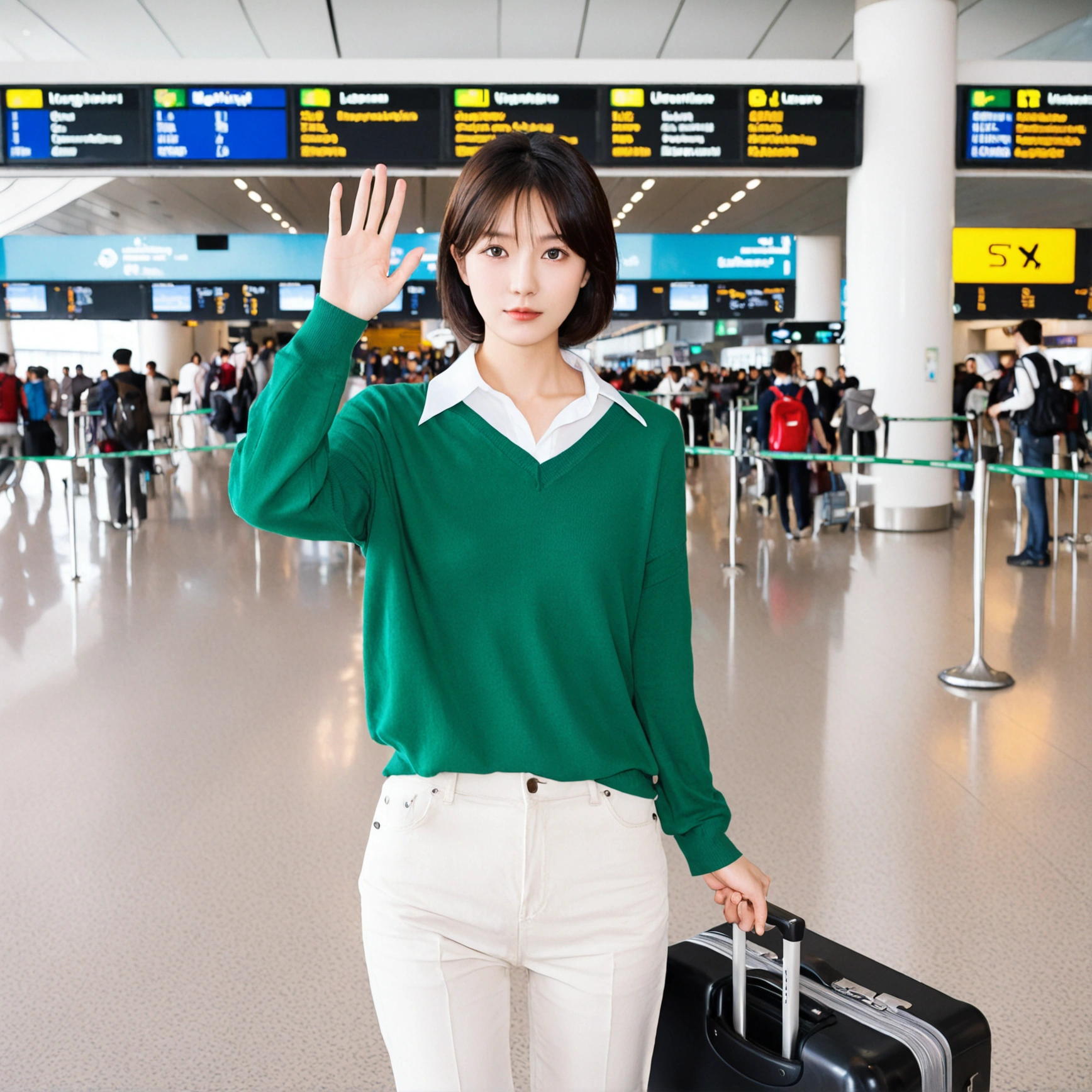 beautiful korean girl , 32 inch chest size, Your eyes are big and pretty. Short in stature. Standing in the departure hall of the airport. . short medium hair, Standing in line at the departure hall of Frankfurt Airport, Germany. He wore a white shirt, a green jumper, and white casual pants.s.Dragging a suitcase. short medium hair, short height, Full body shot with Canon camera 16-35 wide angle lens, short medium hair. expressionless, full body shot, perfect fingers, Make the airport electronic display visible, 멀리 full body shot, uhd