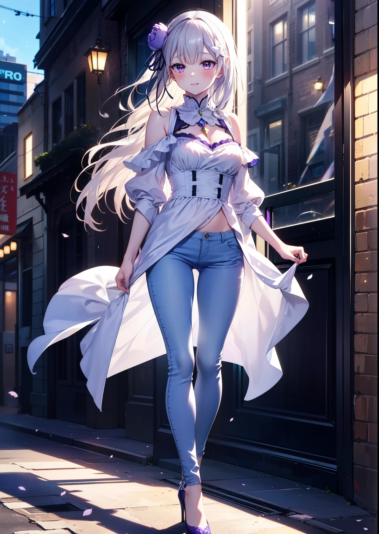 rezeroEmilia, Emilia, Braiding, crown Braiding, flower, hair flower, hair ornaments, Hair Ribbon, Long Hair, low-tied Long Hair, (Purple eyes:1.2), blush,happy smile, smile, Open your mouth,Pointed Ears, white flower, x hair ornaments,Cold Shoulder Shirt,Skinny jeans,Stiletto heels,noon,Clear skies,Walking,whole bodyがイラストに入るように,
break outdoors, city,Building district,
break looking at viewer, whole body,
break (masterpiece:1.2), Highest quality, High resolution, unity 8k wallpaper, (figure:0.8), (Beautiful attention to detail:1.6), Highly detailed face, Perfect lighting, Highly detailed CG, (Perfect hands, Perfect Anatomy),