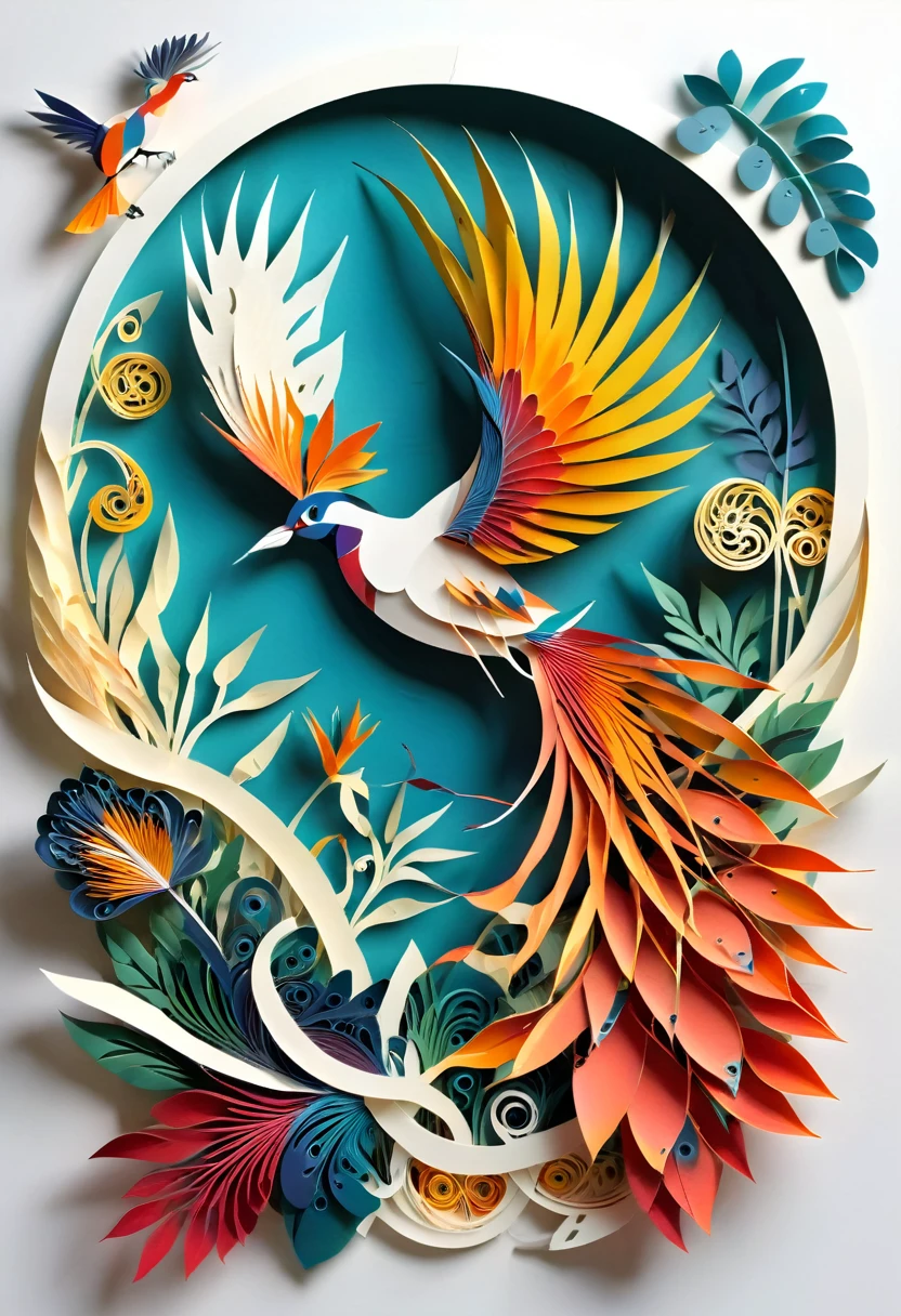 paper cuttings art, the bird of paradise, west papuan native bird, cendrawasih bird, (Flat paper cutout，paper art，layered paper art，paper quilling, digital art), Against a pure white background, vector illustration, papercut style, layers, colours, hires, high quality image, borders page, background, nature, 