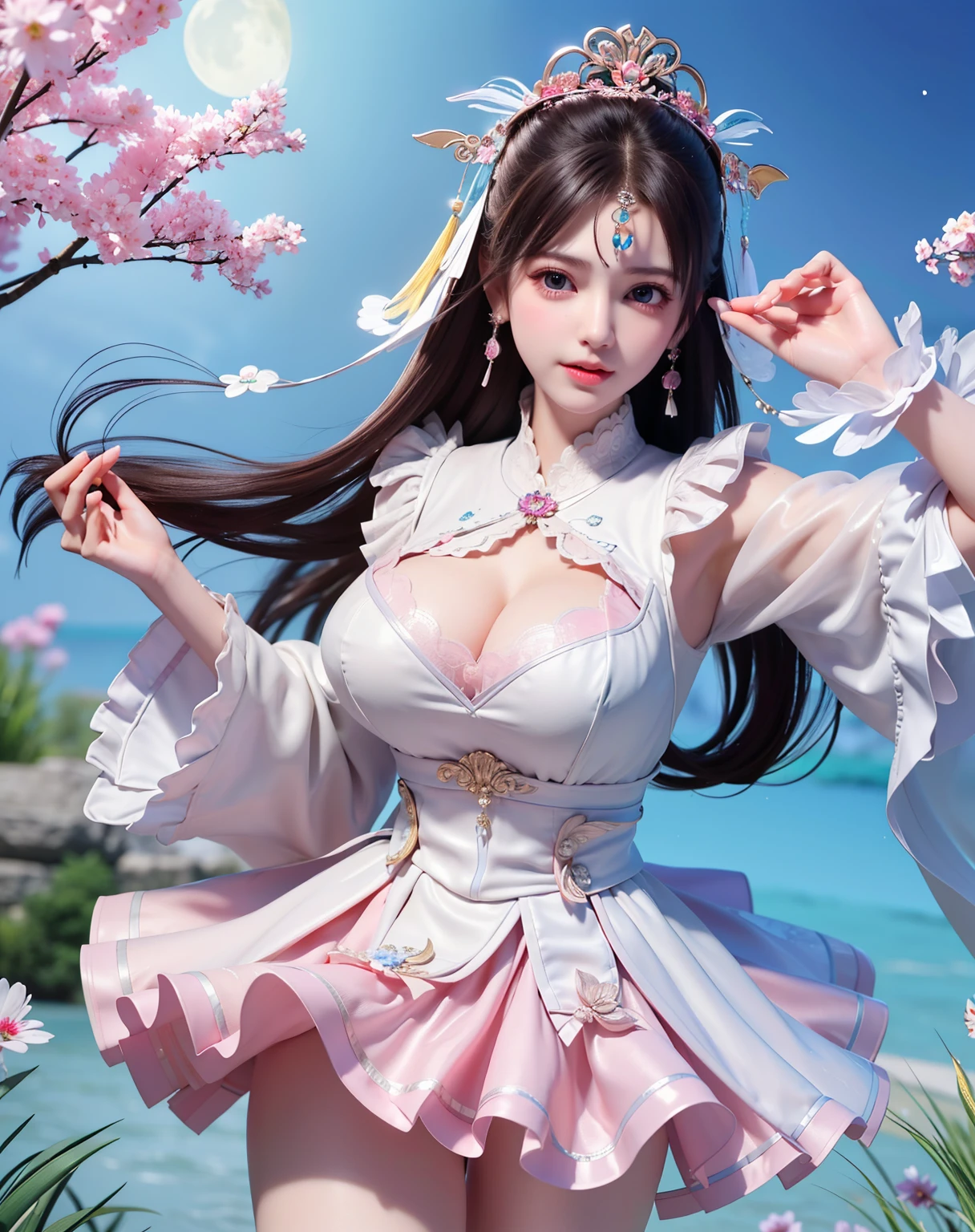 (8k, RAW photo:1.2), best quality, ultra high res,dramatic angle,(fluttered detailed color splashs), (illustration),(((1 girl))),(long hair),(rain:0.9), (Headdress:1.4),There is an ancient palace beside the girl,Hanfu,(Key Points),Color ink painting,(Splash of Color),Splash of Color,(((colorful))),(sketch:0.8) , Masterpiece, best quality, beautiful painted, highly detailed,(denoising:0.6),[splash ink],((ink refraction)), (beautiful detailed sky),moon,highly,detaild,(masterpiece, best quality, extremely detailed） CG Unity 8k Wallpaper，masterpiece，best quality，Ultra Detailed），（Lycoris）.shoulder ballet dress open V-chested clothes Thin silk lace dress short skirt , (huge ，cleavage),, white pink, blue ，best qualtiy，tmasterpiece，Ultra-high resolution，（Reality：1.4），RAW photogr，（True skin texture：1.3），（filmgrain：1.3），（Selfie angle），1个Giant Breast Girl，Beautiful eye and face details，tmasterpiece，Best quality at best，，The chest more exposed， detailed hair, bra pink , detail 8k, full body, lace petticoat