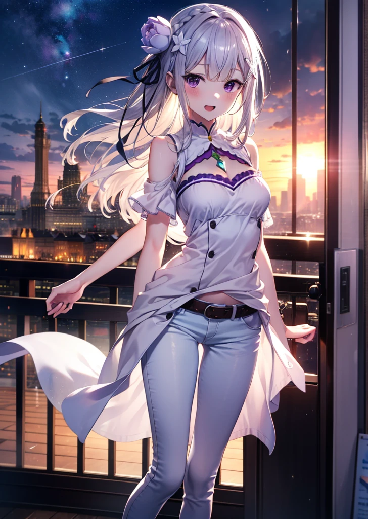 rezeroEmilia, Emilia, Braiding, crown Braiding, flower, hair flower, hair ornaments, Hair Ribbon, Long Hair, low-tied Long Hair, (Purple eyes:1.2), blush,happy smile, smile, Open your mouth,Pointed Ears, white flower, x hair ornaments,Cold Shoulder Shirt,Short sleeve,Skinny jeans,Stiletto heels,noon,Clear skies,Walking,whole bodyがイラストに入るように,
break outdoors, city,Building district,
break looking at viewer, whole body,
break (masterpiece:1.2), Highest quality, High resolution, unity 8k wallpaper, (figure:0.8), (Beautiful attention to detail:1.6), Highly detailed face, Perfect lighting, Highly detailed CG, (Perfect hands, Perfect Anatomy),