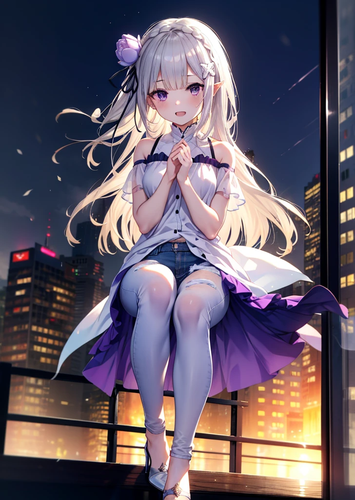 rezeroEmilia, Emilia, Braiding, crown Braiding, flower, hair flower, hair ornaments, Hair Ribbon, Long Hair, low-tied Long Hair, (Purple eyes:1.2), blush,happy smile, smile, Open your mouth,Pointed Ears, white flower, x hair ornaments,Cold Shoulder Shirt,Short sleeve,Skinny jeans,Stiletto heels,noon,Clear skies,Walking,whole bodyがイラストに入るように,
break outdoors, city,Building district,
break looking at viewer, whole body,
break (masterpiece:1.2), Highest quality, High resolution, unity 8k wallpaper, (figure:0.8), (Beautiful attention to detail:1.6), Highly detailed face, Perfect lighting, Highly detailed CG, (Perfect hands, Perfect Anatomy),