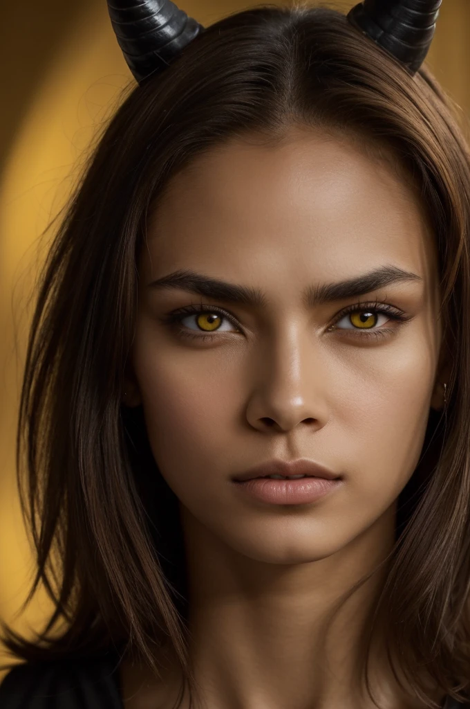 Photo(portrait, FROM THE FRONT, close up, in front of the camera) of a woman (Alone, together, short straight hair, light brown fur, light skin, androgynous face, yellow eyes, thin lips, two thin red horns, inhuman, Irresistible, threatening, violent), cheered up, Best Quality, Masterpiece, maximum detail, high resolution