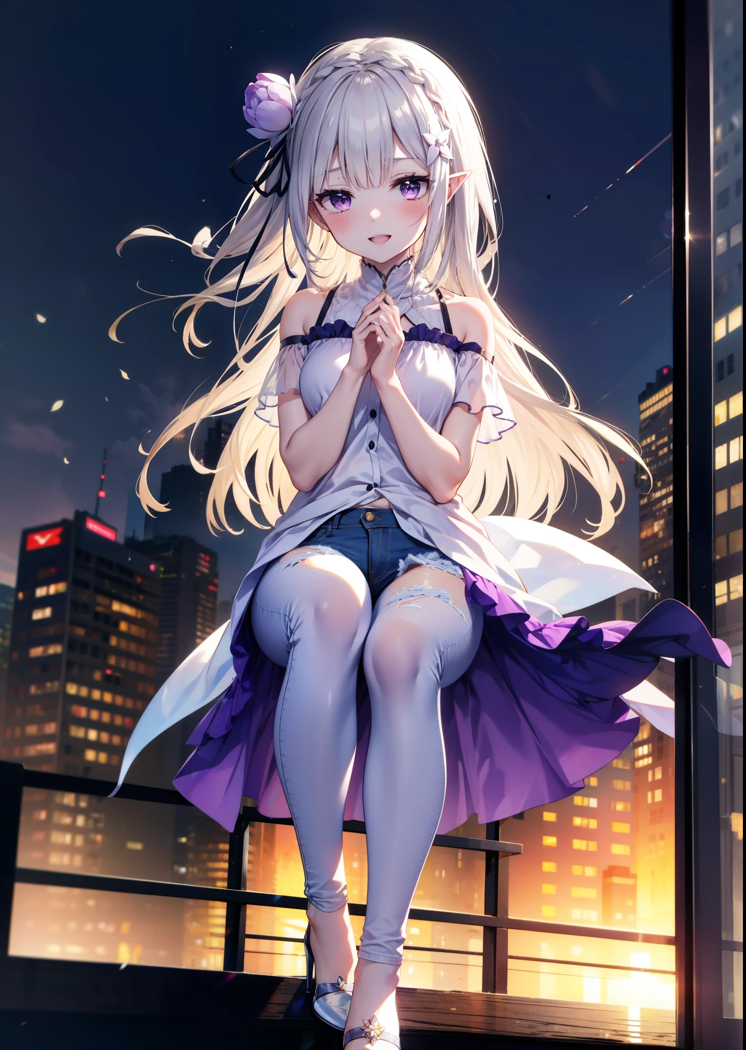 rezeroEmilia, Emilia, Braiding, crown Braiding, flower, hair flower, hair ornaments, Hair Ribbon, Long Hair, low-tied Long Hair, (Purple eyes:1.2), blush,happy smile, smile, Open your mouth,Pointed Ears, white flower, x hair ornaments,Cold Shoulder Shirt,Short sleeve,Skinny jeans,Stiletto heels,noon,Clear skies,Walking,whole bodyがイラストに入るように,
break outdoors, city,Building district,
break looking at viewer, whole body,
break (masterpiece:1.2), Highest quality, High resolution, unity 8k wallpaper, (figure:0.8), (Beautiful attention to detail:1.6), Highly detailed face, Perfect lighting, Highly detailed CG, (Perfect hands, Perfect Anatomy),