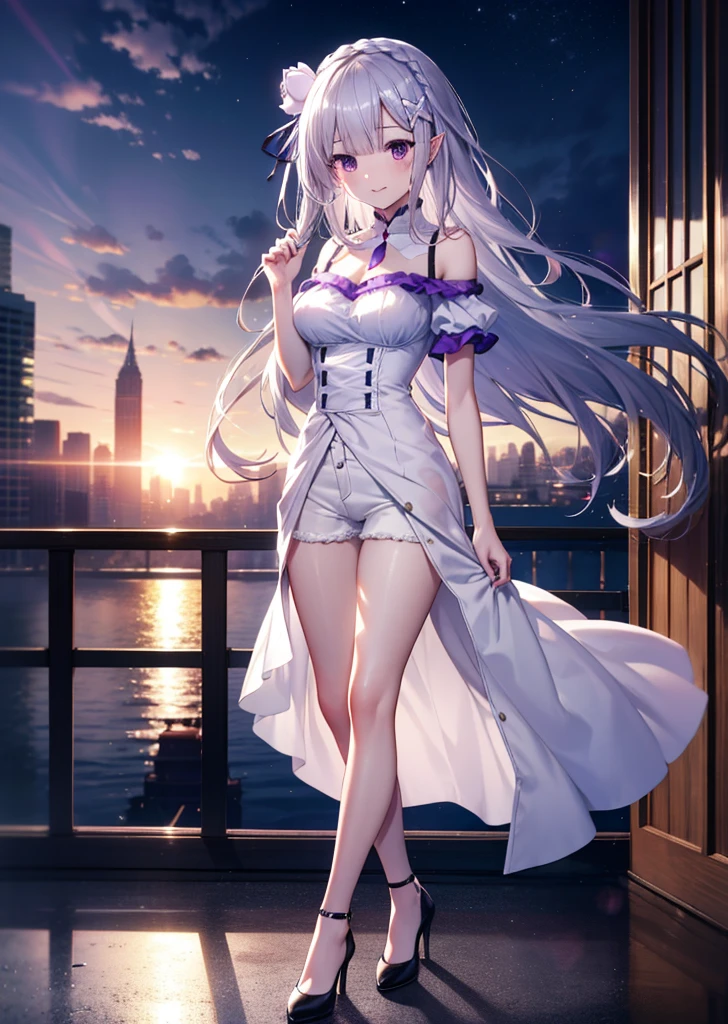 rezeroEmilia, Emilia, Braiding, crown Braiding, flower, hair flower, hair ornaments, Hair Ribbon, Long Hair, low-tied Long Hair, (Purple eyes:1.2), blush,happy smile, smile, Open your mouth,Pointed Ears, white flower, x hair ornaments,Cold Shoulder Shirt,Short sleeve,Skinny jeans,Stiletto heels,noon,Clear skies,Walking,whole bodyがイラストに入るように,
break outdoors, city,Building district,
break looking at viewer, whole body,
break (masterpiece:1.2), Highest quality, High resolution, unity 8k wallpaper, (figure:0.8), (Beautiful attention to detail:1.6), Highly detailed face, Perfect lighting, Highly detailed CG, (Perfect hands, Perfect Anatomy),