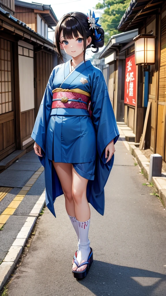  brunette girl，Hairpin，Geisha hairstyle，Blue Kimono，White socks，Straw sandals，Japanese Street