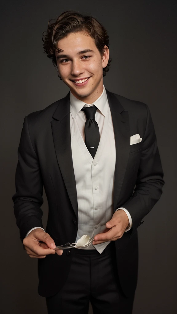 "A young man with short, curly brown hair, dressed in a black suit with a white shirt and black tie, stands against a dark background. He holds a fork close to his face, displaying a playful, mischievous smile. The camera angle is slightly zoomed out, providing a wider view of his figure. A subtle filter adds a touch of softness to the image."