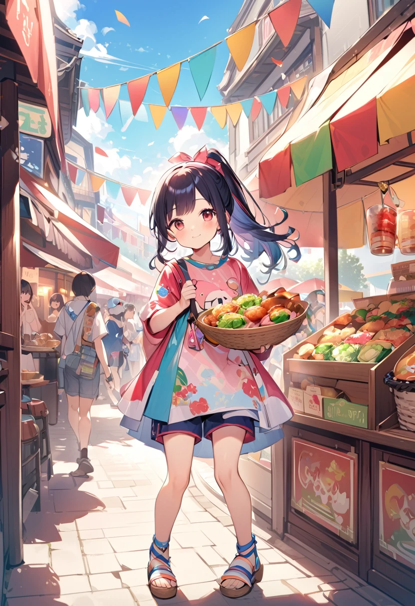Highest quality、High resolution、Detailed Background、Beautiful face in every detail、Detailed facial expressions、age beauty、Highly detailed face、cuteカラーの髪色、ponytail、Bob、cute仕草をする、Festival-day food stalls、Fun atmosphere、
(Festival-day food stallsを楽しんでいる2人の少女:1.5)、
Cotton candy in little hands、A big smile、In the midst of the festival bustle、Running with friends、
Shooting Challenge、Desperate for the prize、Goldfish scooping is also fun、Gently pick it up、
The aroma of freshly fried yakisoba、I'm getting hungry、Play to your heart's content、enjoy、
My heart leaps、A festival under the blue sky、A child's innocent smile、It turns into a warm memory、
T-shirts with flashy designs and characters、Knee-length shorts、Denim or cotton、
Sandals or sneakers、Dresses and tunics、Something that is easy to move in and cool、
The gorgeous print is adorable、Pochette、
Brightly colored items and character motifs、cute