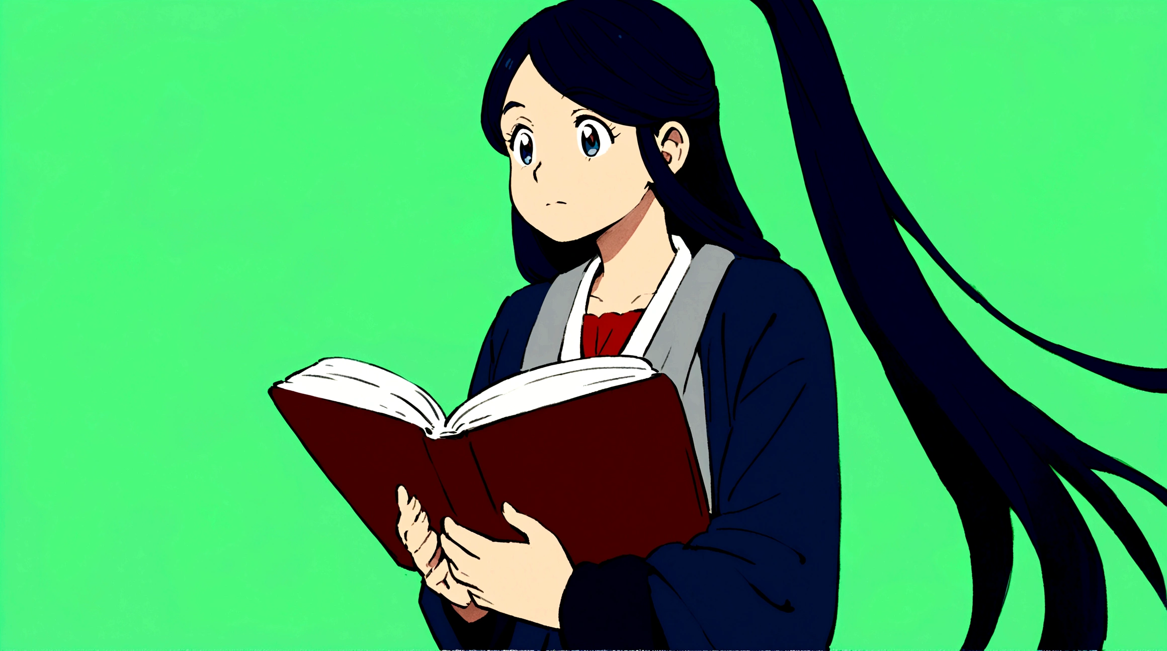 A beautiful woman with long hair is reading a book、The background is a vibrant green、Hand-drawn、Colors that are easy on the eyes、Ghibli-style animation