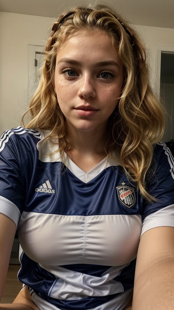24 year old blonde girl, big almond eyes and thick lips and curly hair with freckles selfie with a soccer jersey