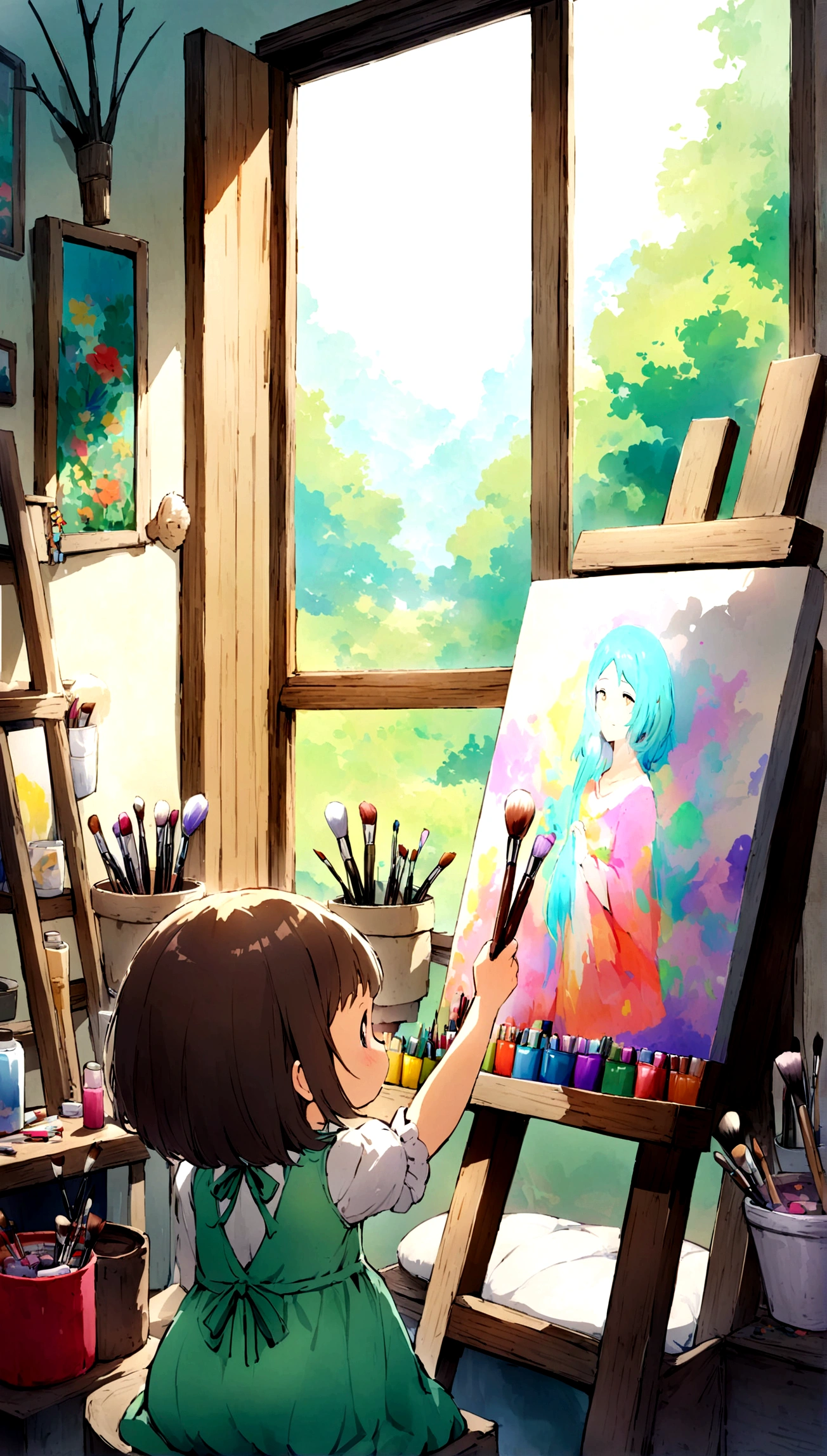 Create an artistic room with beautiful light coming in through the window, mesa com tintas, Brushes, Black mother and daughter painting, sorrindo e se divertindo, bem detalhada a imagem