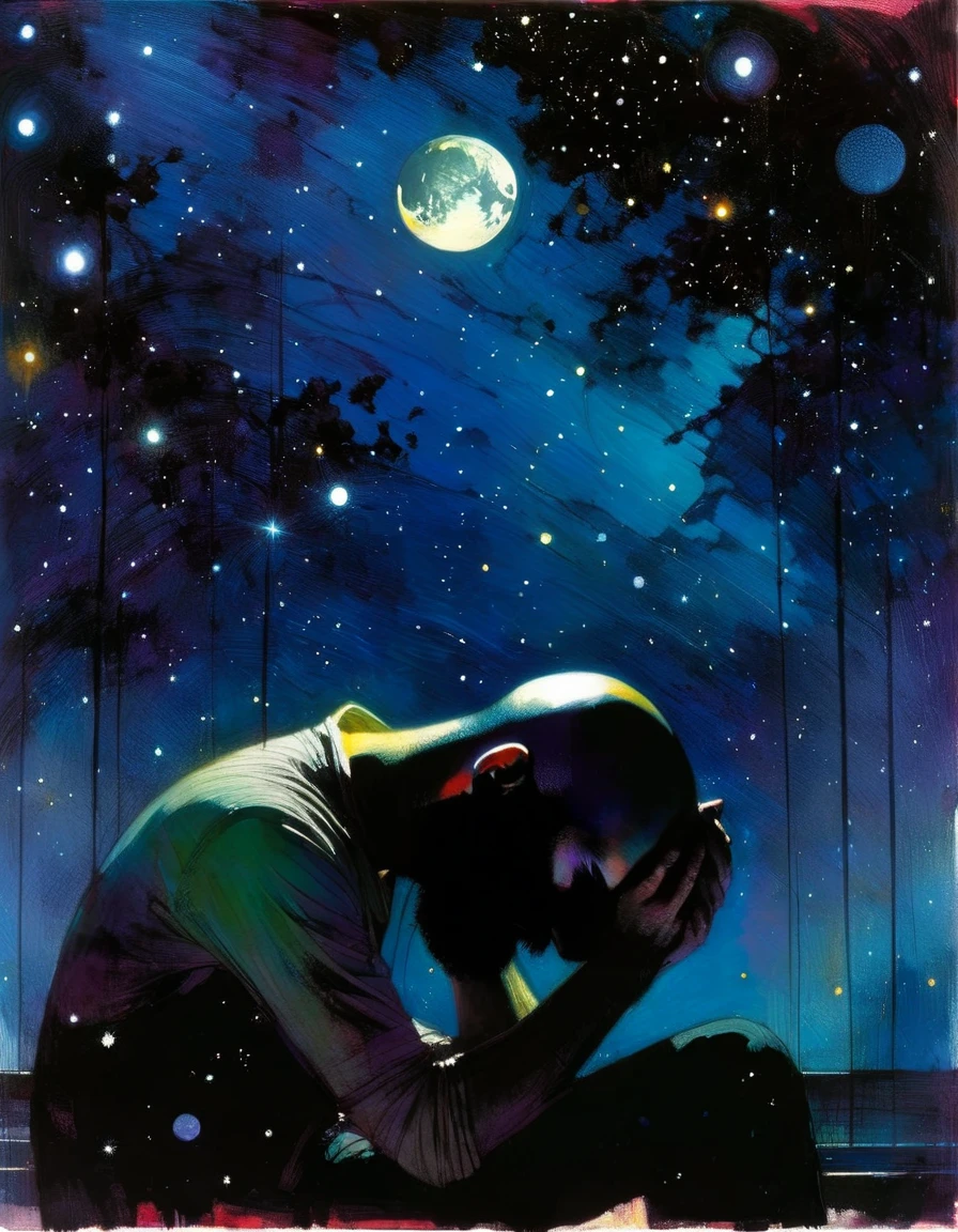 young, bald man with black beard, loneliness, fantastic, night sky, moon, stars, background (art inspired by Bill Sienkiewicz). oil painting)
