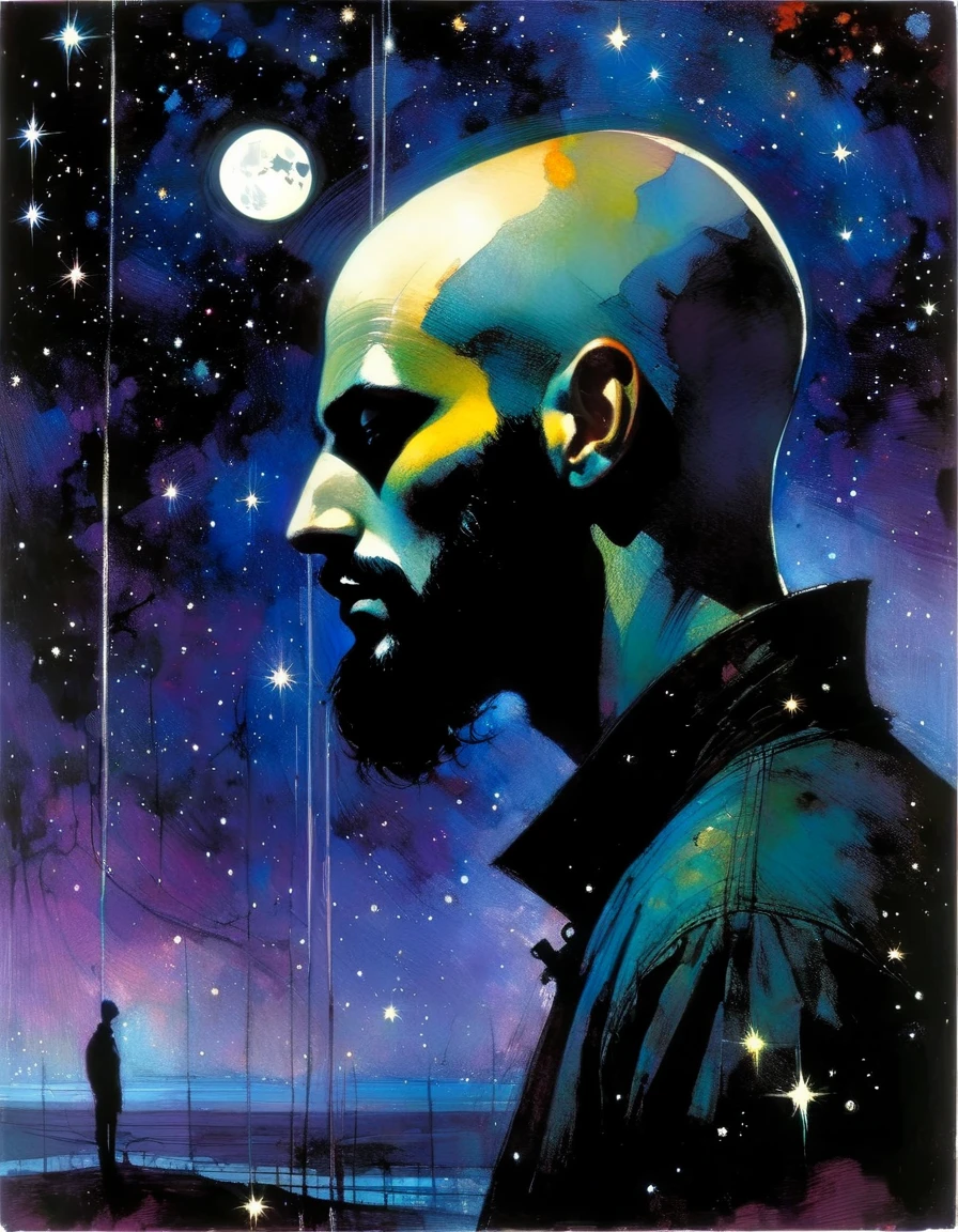 young, bald man with black beard, loneliness, fantastic, night sky, moon, stars, background (art inspired by Bill Sienkiewicz). oil painting)
