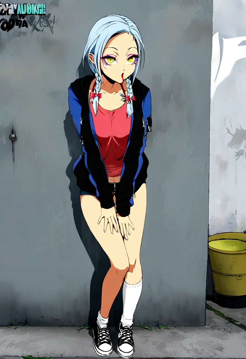 アイスを食べる、face、Step Piece, Best Quality, Best Illustration, Ultra-detailed,girl, pinkrose long hair, crazy baddie girl, Cool Black Open Short Jacket, neck tattoo, Messy Fade Cut Hair, Side braided hair,Crazy, standing with an eerie feeling, abandond street graffiti wall background,knee high socks, quirky sneakers, Eyeshadow on the eyes,unusual colored eyes, Eyes of fear, Vivid eyes, cool shot