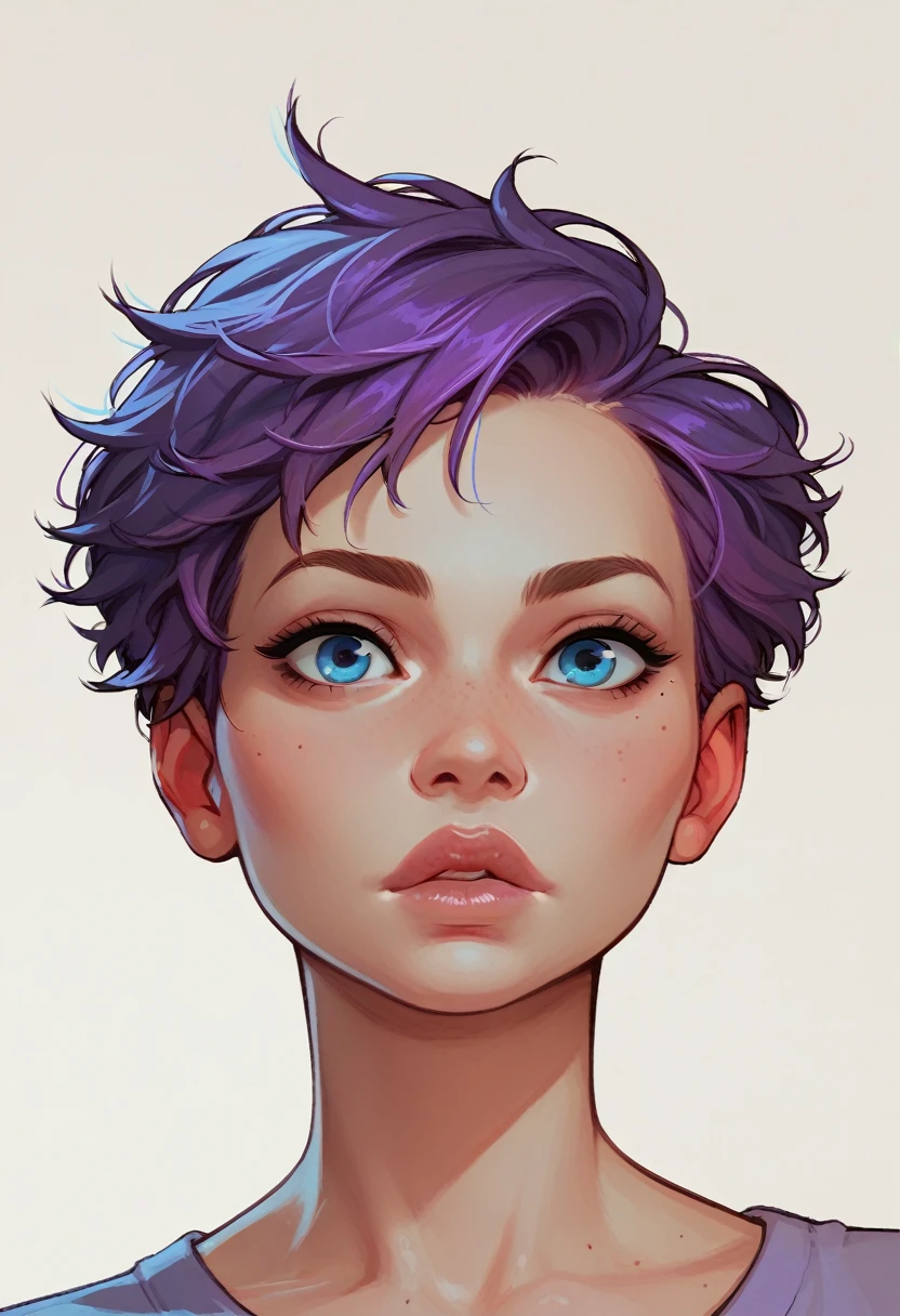 Tomyboy, close view, solo, sultry, short purple hair, blue eyes, huge perfect lips, sunny background