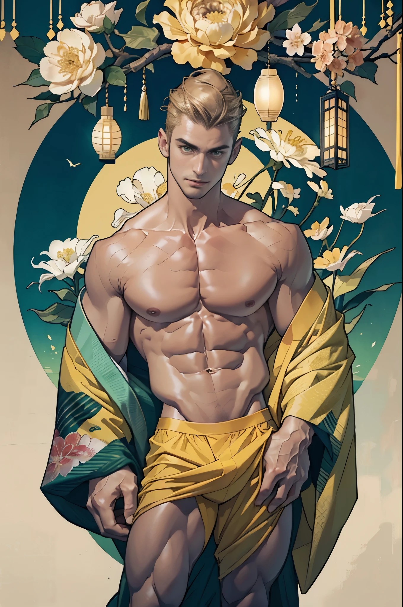 A handsome tall man dancing, He is 28 years old,Thin waist,The pectoral muscles are well developed, He is 175cm tall,Weight 62 kg、yellow-green eyes、brown hair color、short hair、Shirtless、((underwear,thigh))、looking into camera,Gangster,Late Night,Japanese-style room,Tatami,Japanese flowers,Paper doors,lantern,Kimono top,pocket cloth,Gorgeous black Japanese totem tattoo,(super high angle shot),Gorgeous Japanese totem background,Japanese flower arrangement,Japanese-style screen,Rich scene decorations,((((men bulge))))
