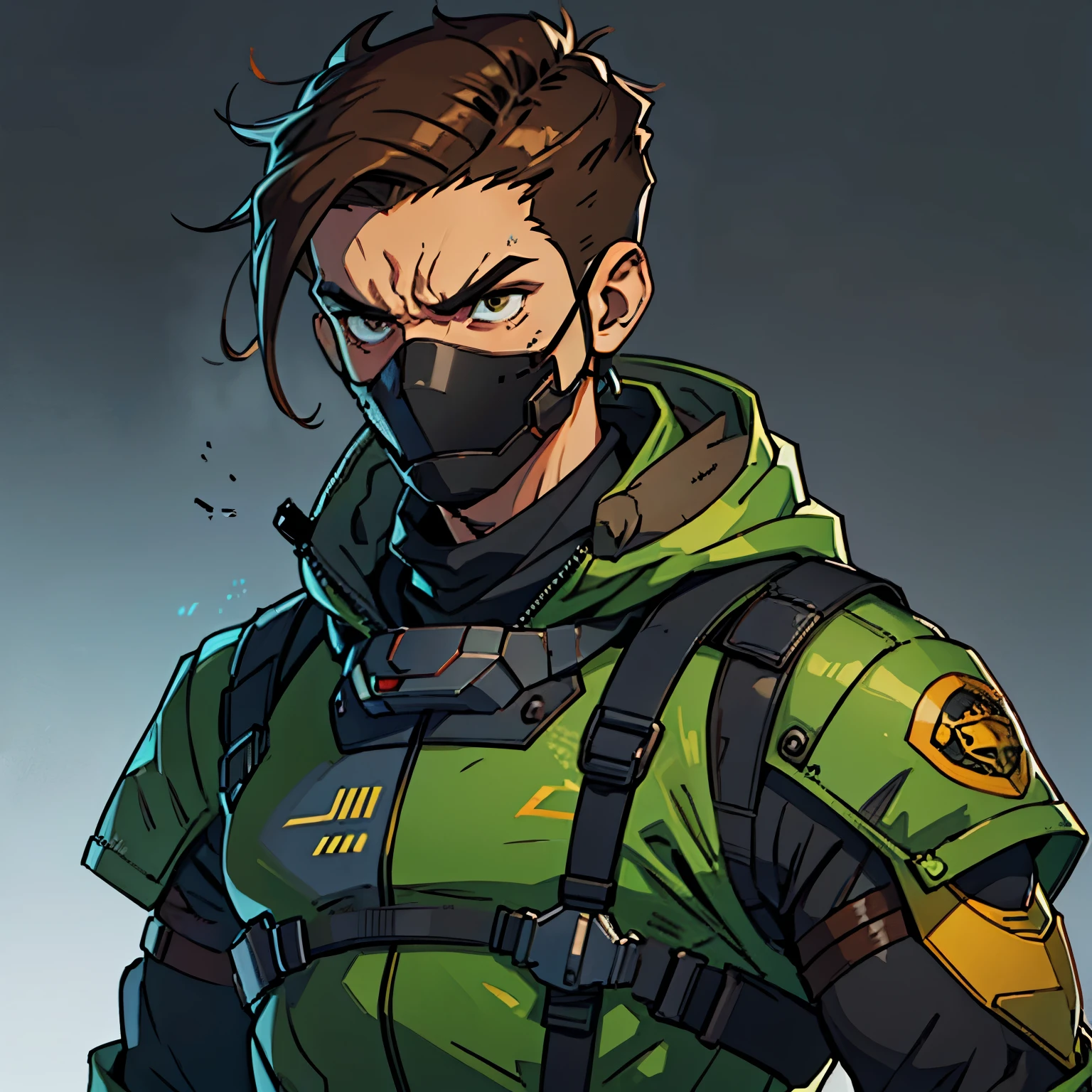 Criminal, short hair, slim, futuristic protection mask, brown hair, (angry), old and worn clothes, (simple background), plano medio