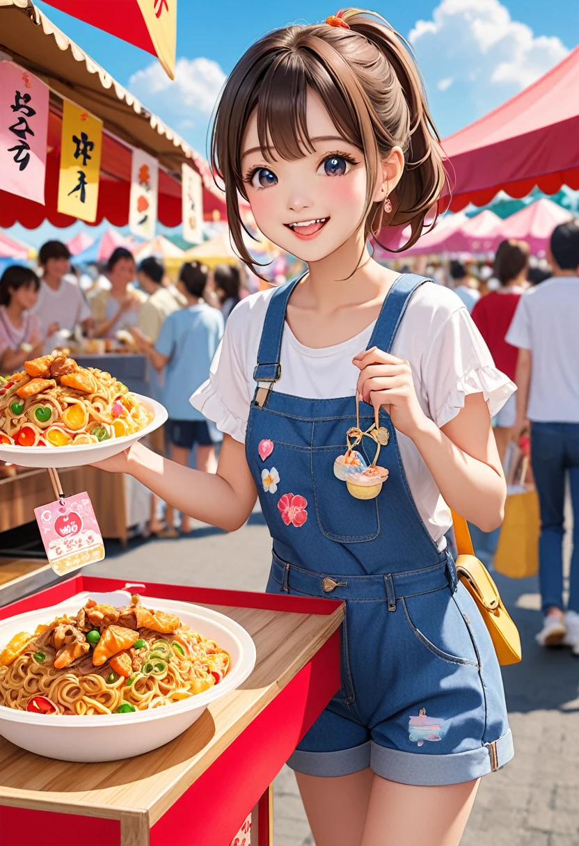 Highest quality、High resolution、Detailed Background、Beautiful face in every detail、Detailed facial expressions、Teenage beauty、Highly detailed face、cuteカラーの髪色、ponytail、Bob、cute仕草をする、Festival-day food stalls、Fun atmosphere、
(Festival-day food stallsを楽しんでいる2人の少女:1.5)、
Cotton candy in little hands、A big smile、In the midst of the festival bustle、Running with friends、
Shooting Challenge、Desperate for the prize、Goldfish scooping is also fun、Gently pick it up、
The aroma of freshly fried yakisoba、I'm getting hungry、Play to your heart's content、enjoy、
My heart leaps、A festival under the blue sky、A child's innocent smile、It turns into a warm memory、
T-shirts with flashy designs and characters、Knee-length shorts、Denim or cotton、
Sandals or sneakers、Dresses and tunics、Something that is easy to move in and cool、
The gorgeous print is adorable、Pochette、
Brightly colored items and character motifs、cute