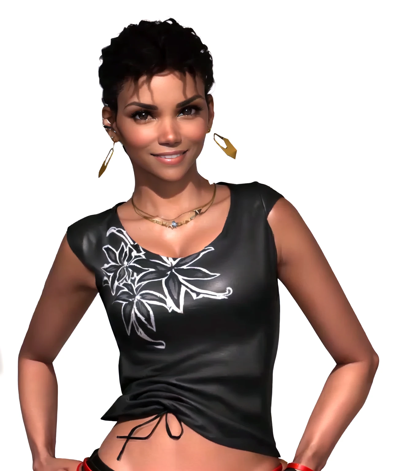 she's black, black hair, dark brown eyes, (eyes turned to look at the camera), swedish, as a character in Out Run 2, of SEGA, 3D CG from the 2000s, Holly, 2k, 2 k, ((smiling face)), realistic, render of halle berry, fighting game character, nina from tekken, bright clean face, from devil may cry, wide open curious eyes, carefree pose, black leather shirt with black and white flower art on it, simple golden necklace and earrings, red wristband