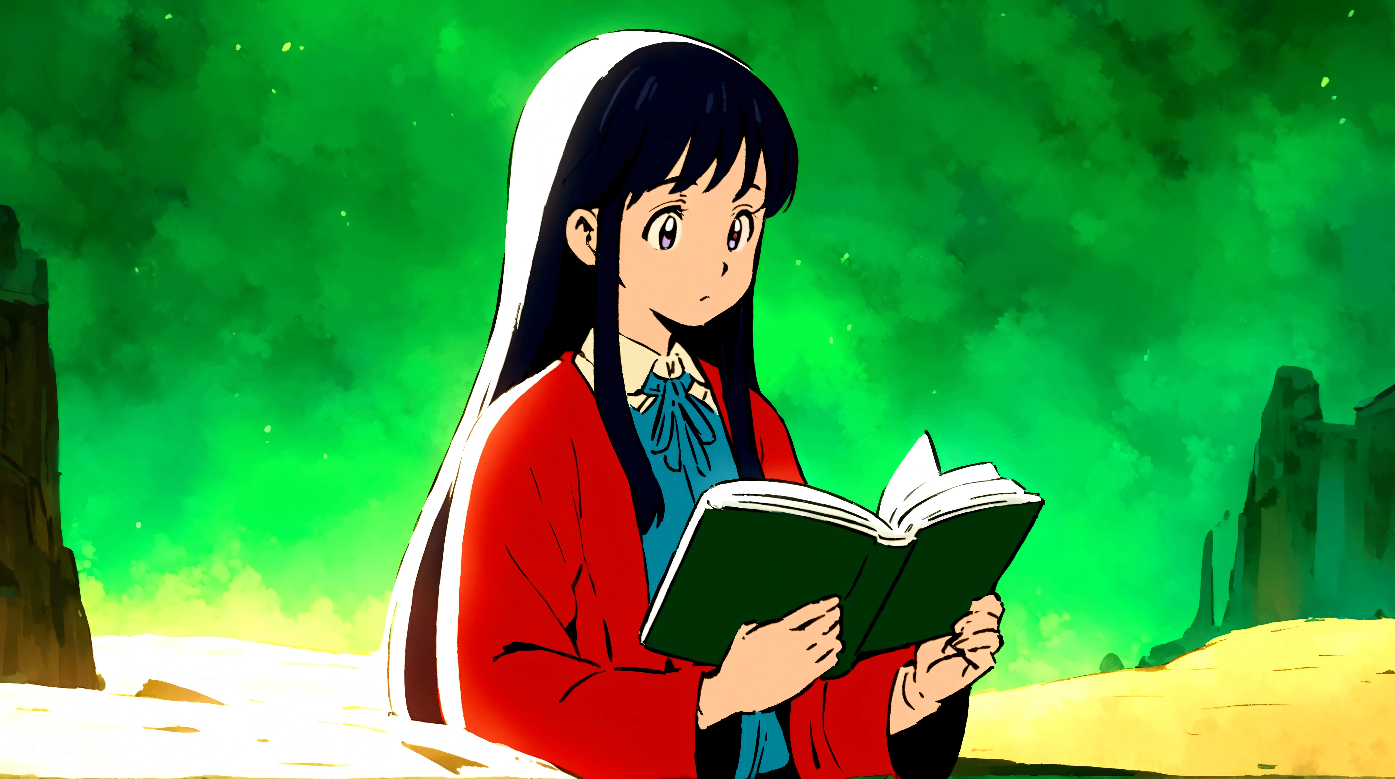 A beautiful woman with long hair is reading a book、The background is a vibrant green、Hand-drawn、Colors that are easy on the eyes、Ghibli-style animation