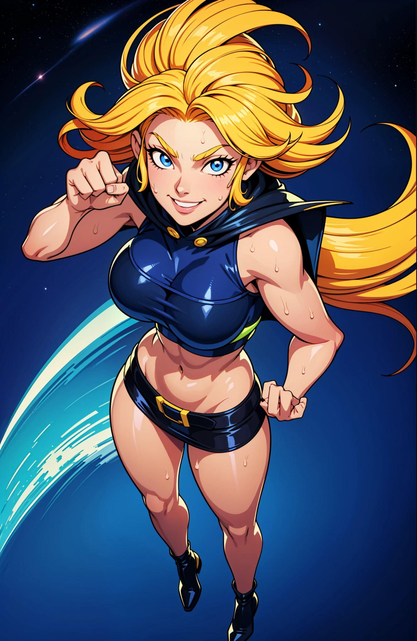 Digital painting of a woman with royal blue and yellow hair, super hero, muscle girl, pose, fist up, ((from above)), 1knee up, Behance Contest Winner, Afrofuturism, Synthwave, neon, glowing neon, sagging massive breasts, mini skirt, cape, sweat, glossy silky skin, smile, in space,