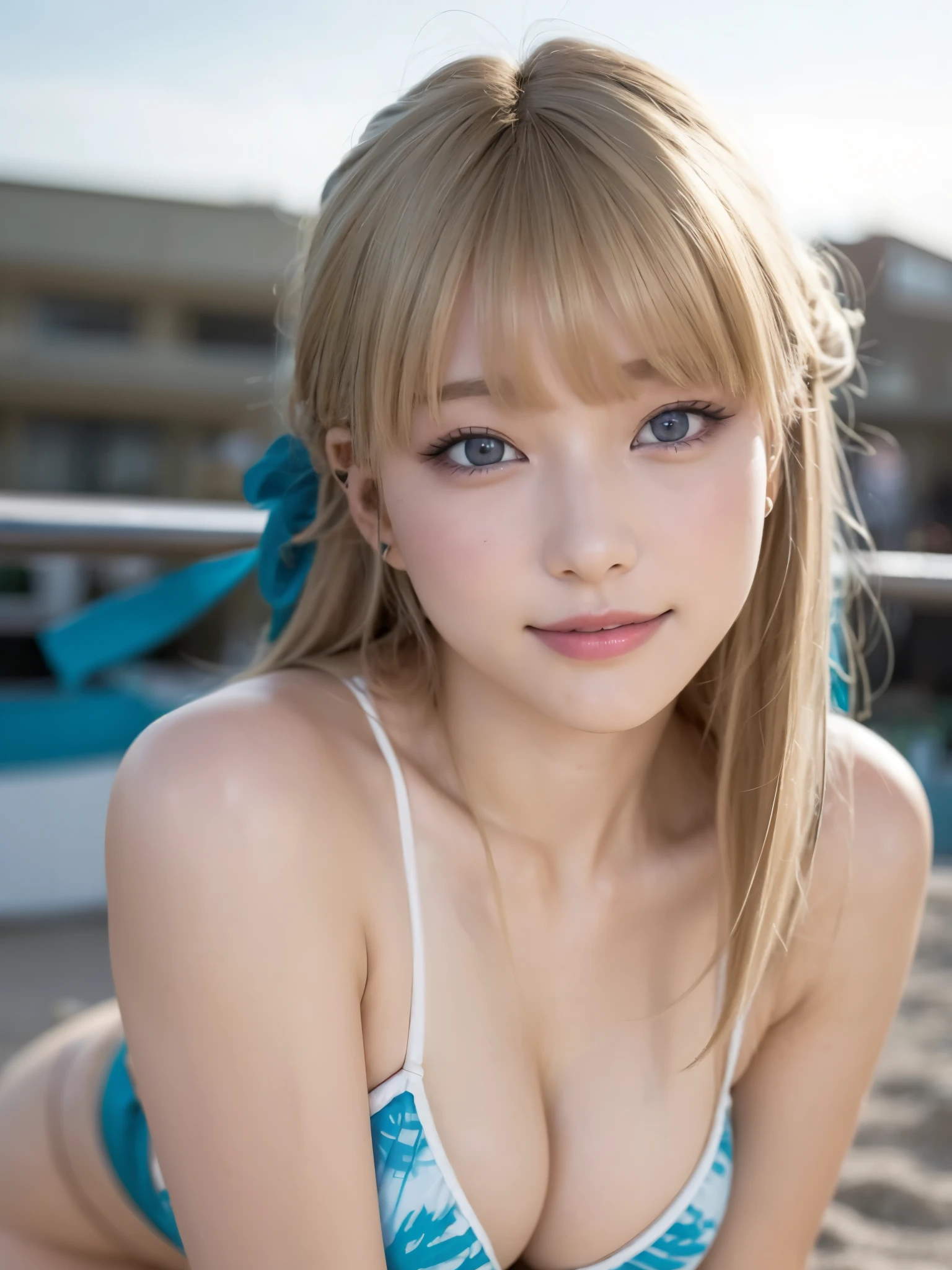 sitting, indian style, (show pantie), (leaning forward:1.3), (Emphasize the cleavage), (looking at viewer), (Warm Smile:1.5), (beautiful japanese girl), (Shot with Canon EOS 5D Mark 4 and Canon EF Lens 85mm F1.2L lens, F value 1.2, ISO 50, shutter speed 64), break, beautiful and fine eyes, perfection , perfection, roll your eyes, detailed face, fine eyes, excellent quality, masterpiece, very detailed, Advanced level of detail, many details, high quality, cinematic light, real hands, (super realistic:1.3), perfect eyes, detailed skin, skin blemish, lip gloss, break, high school student , , 165cm toll,  break, 
toki asuma,  break,
long hair, blue hair bow, blond hair, bandeau bikini, Tie dye, break,
outside, in the beach,
