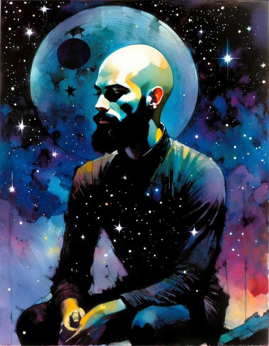 young, bald man with black beard, loneliness, fantastic, night sky, moon, stars, background (art inspired by Bill Sienkiewicz). oil painting)
