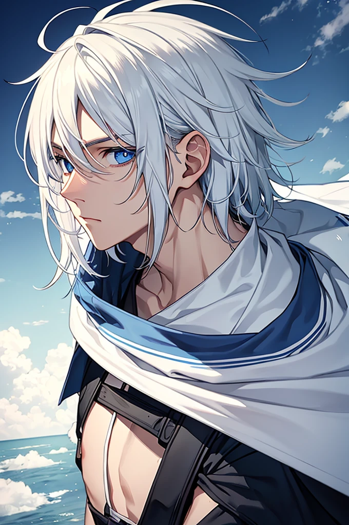 Itsuomi (Male protagonist)Appearance:hairs: white and slightly messy, with bangs that fall casually over your forehead, giving you a carefree look.eyeballs: deep blues, with a confident and serene look, that convey safety and comfort.Skinned: clear, with a healthy tone and a slight color in the cheeks, especially when he's around Yuki.Height and Body: tall and athletic, with broad shoulders and a well-defined physique. Your posture is relaxed, mas imponente.Clothing: Prefer casual and comfortable clothes, like neutral colored t-shirts, jeans and light jackets. Often seen wearing accessories such as simple bracelets or necklaces..Personalidade:confident: Itsuomi is self-assured and faces situations calmly and determinedly..caring: He always pays attention to details and genuinely cares about Yuki's feelings., doing our best to understand and support her.independent: Values your freedom and seeks to explore the world independently, but is willing to give up certain things for those he loves.enchanting: Your easy smile, your considered actions and the way you communicate (both verbally and in sign language) make it extremely captivating.