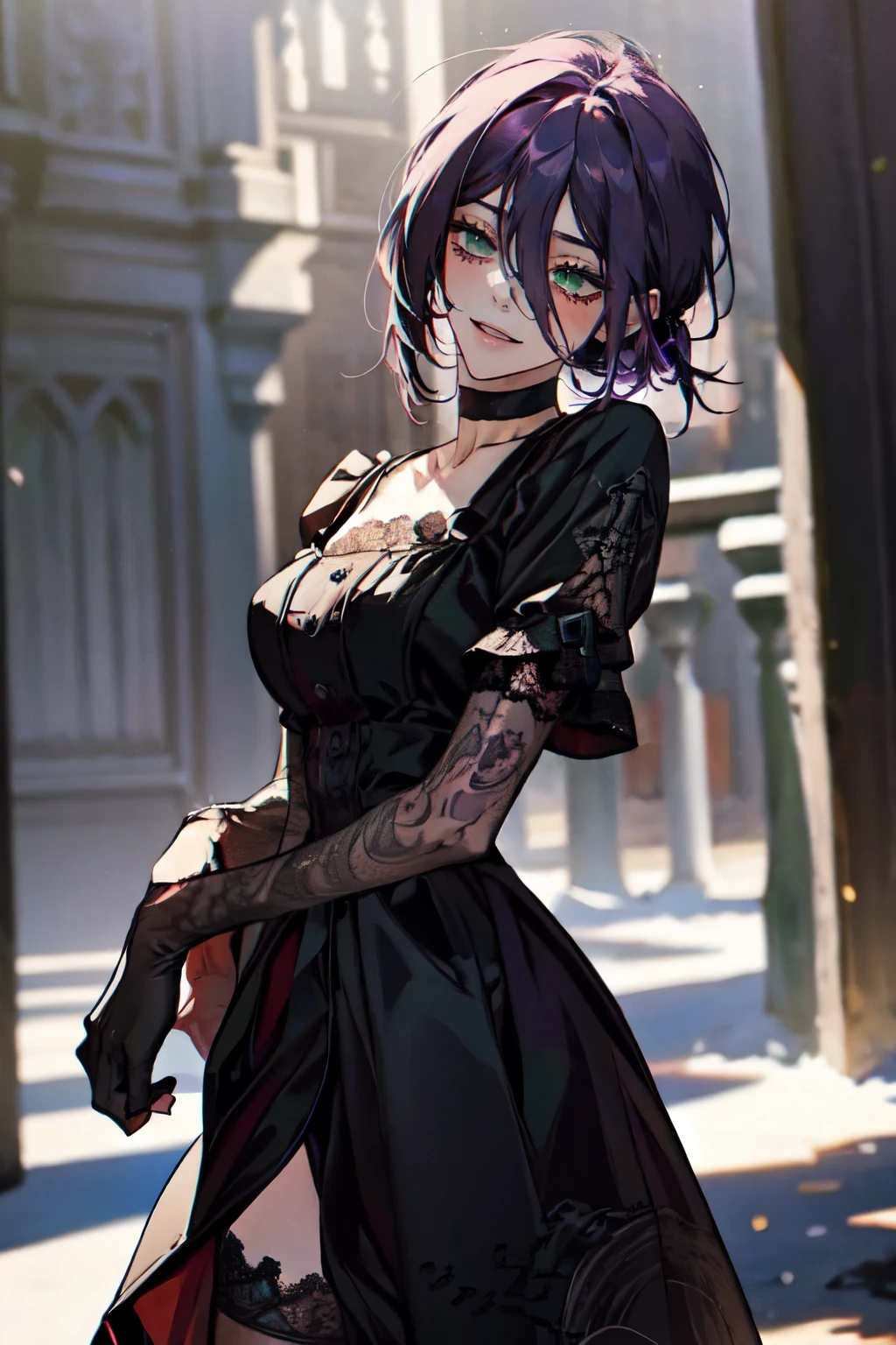 (masterpiece, best quality:1.2), 1girl, solo , purple hair ,short hair , tied hair , hair between eyes , green eyes , choker , emel , fangs , , canine teeth , wound , bloody face outdoors , night city , red and black dress , torn dress , legs net , thigh belt , , gothic art, gothcore, goth girl, goth girl aesthetic, goth aesthetic, witch core clothes, darkwave goth aesthetic, cruel Korean goth girl, gothic horror vibes, strap , thigh strap , Tigh high , tattoo , arm tattoo , taunting , dress , long dress , lace dress , damaged dress , outdoors , action pose , wide smile , , from below ,