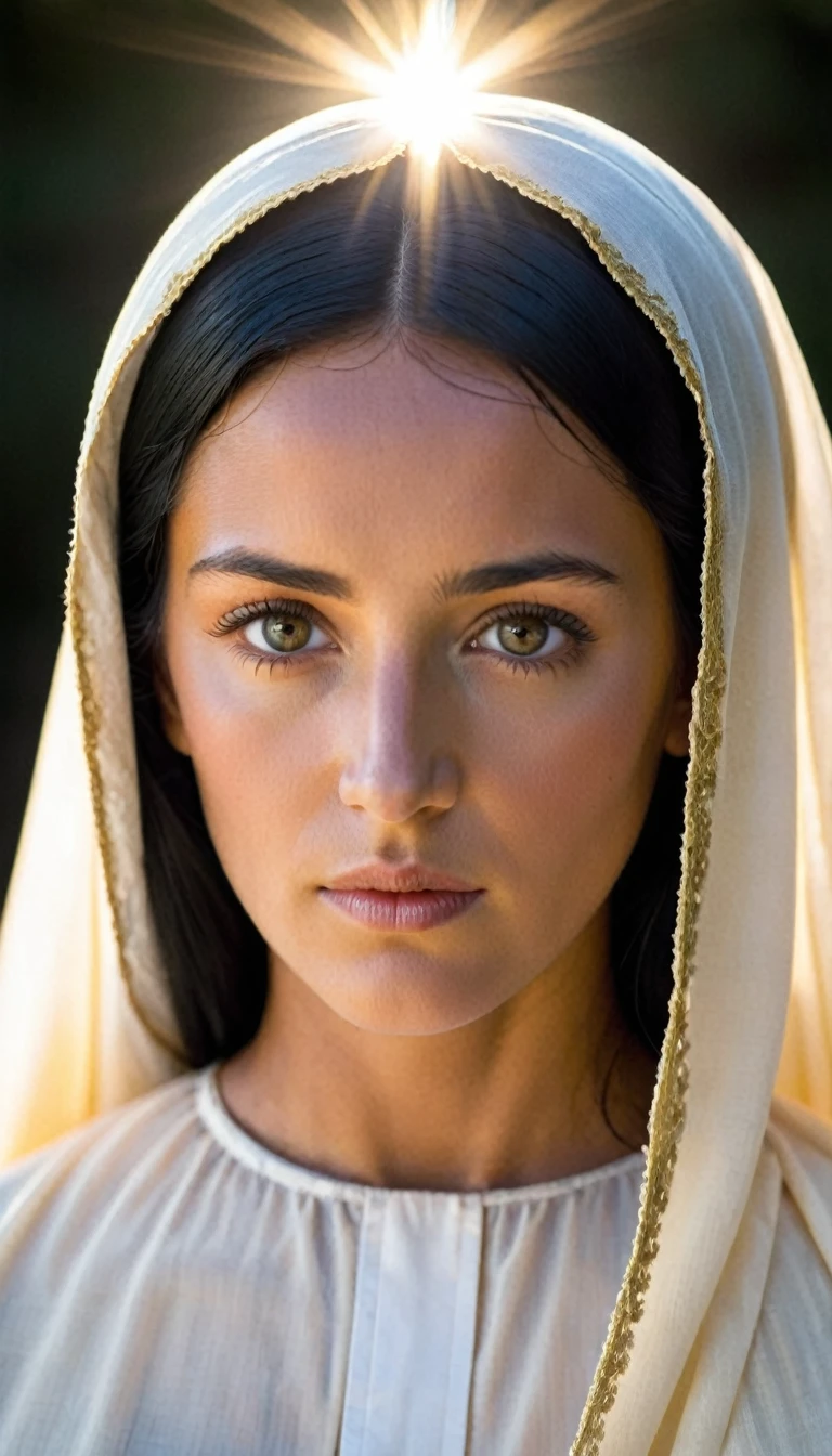 Frontal portrait (from the front) Mary, Mother of Jesus, eyes firm and aligned (symmetry in frontal portrait) (frontal light) (young woman punished by the sun) capturing her face (sample black hair).(Mary, Mother of Jesus) lighting and senario period (simple period clothing))