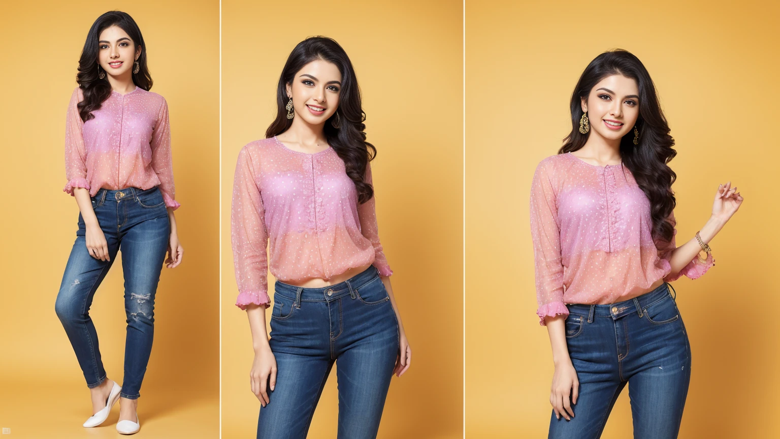 8k, highest quality, ultra detailed:1.37), beautiful 30 yo Tamil girl (shy smirk:1.4), medium and ass, detailed skin texture, in purple shirt and jeans pointing at something, full body cute young lady, girl standing, woman posing, yellow backdrop, wearing elegant casual clothes, photo of slim girl model, casual pose, (wearing tight simple clothes), (full body portrait posing), cute young woman, on a yellow canvas, young and cute girl, a cute young woman, cute woman