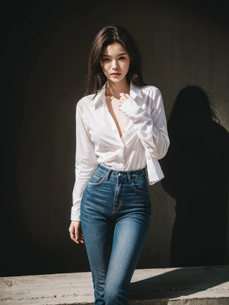 ((Highest quality, 8K, masterpiece :1.3)), Sharp focus :1.2, Beautiful woman with perfect figure :1.4, 1 Girl,Slim Abs :1.2, ((Dark brown hair,chest :1.2)), (White long formal shirt)(Unbutton your shirt.), Gray background:1.2, Highly detailed face and skin texture, fine grain, double eyelid,Beautiful Hands,Five Fingers,Fashion model posing,Full body portrait,Cowboy Shot,jeans,Cast a Shadow,