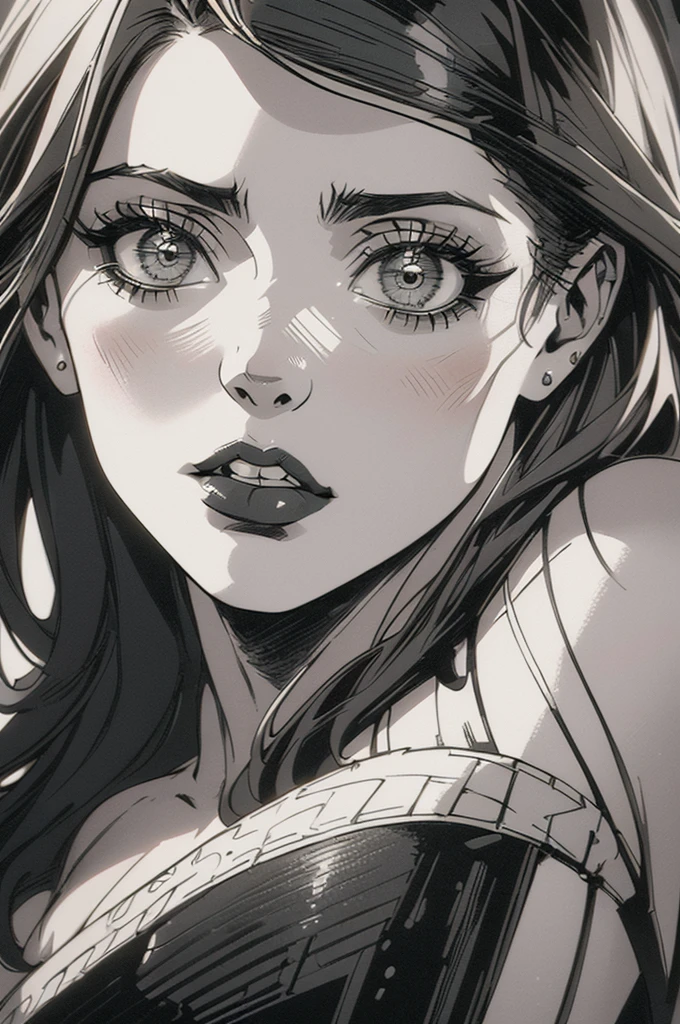 A girl in a mugshot, sketch, black and white, detailed features, cute, vintage style, high contrast lighting, expressive eyes, tousled hair. (best quality, highres, realistic:1.37), vintage, monochrome, intense gaze, dramatic lighting, rugged background, distressed paper texture, retro vibes, id photo, front view