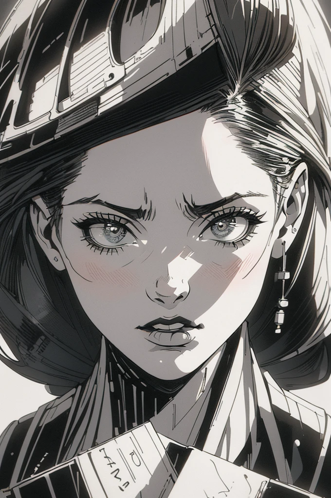 A girl in a mugshot, sketch, black and white, detailed features, cute, vintage style, high contrast lighting, expressive eyes, tousled hair. (best quality, highres, realistic:1.37), vintage, monochrome, intense gaze, dramatic lighting, rugged background, distressed paper texture, retro vibes, id photo, front view