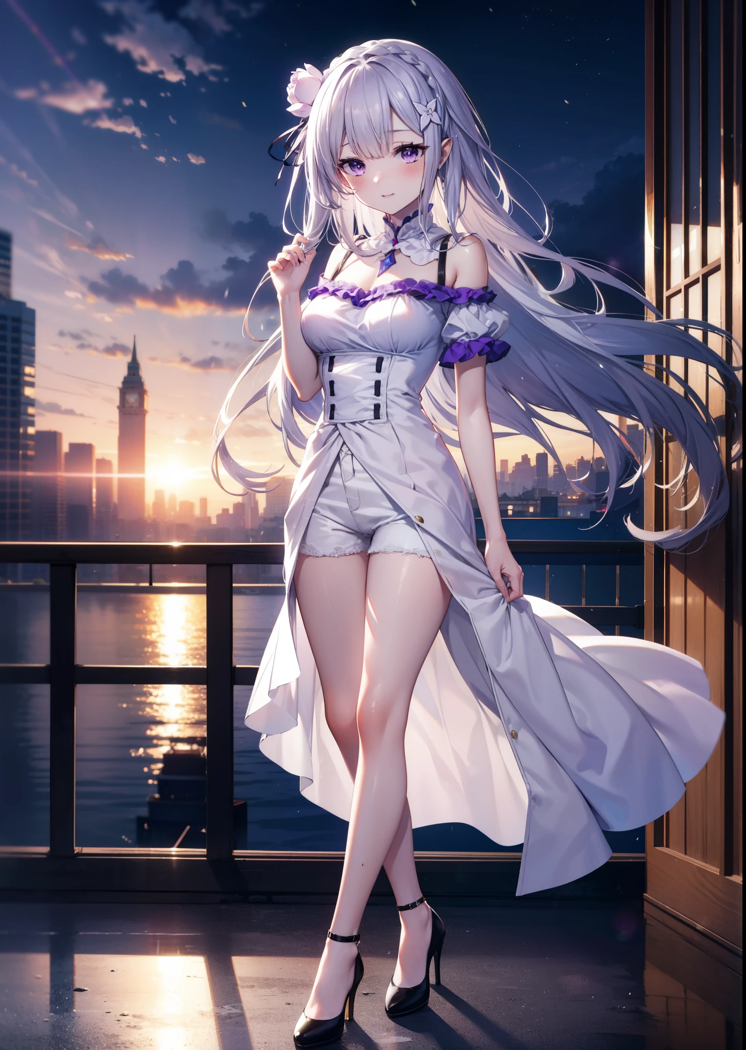 rezeroEmilia, Emilia, Braiding, crown Braiding, flower, hair flower, hair ornaments, Hair Ribbon, Long Hair, low-tied Long Hair, (Purple eyes:1.2), blush,happy smile, smile, Open your mouth,Pointed Ears, white flower, x hair ornaments,Cold Shoulder Shirt,Short sleeve,Skinny jeans,Stiletto heels,noon,Clear skies,Walking,whole bodyがイラストに入るように,
break outdoors, city,Building district,
break looking at viewer, whole body,
break (masterpiece:1.2), Highest quality, High resolution, unity 8k wallpaper, (figure:0.8), (Beautiful attention to detail:1.6), Highly detailed face, Perfect lighting, Highly detailed CG, (Perfect hands, Perfect ???????),