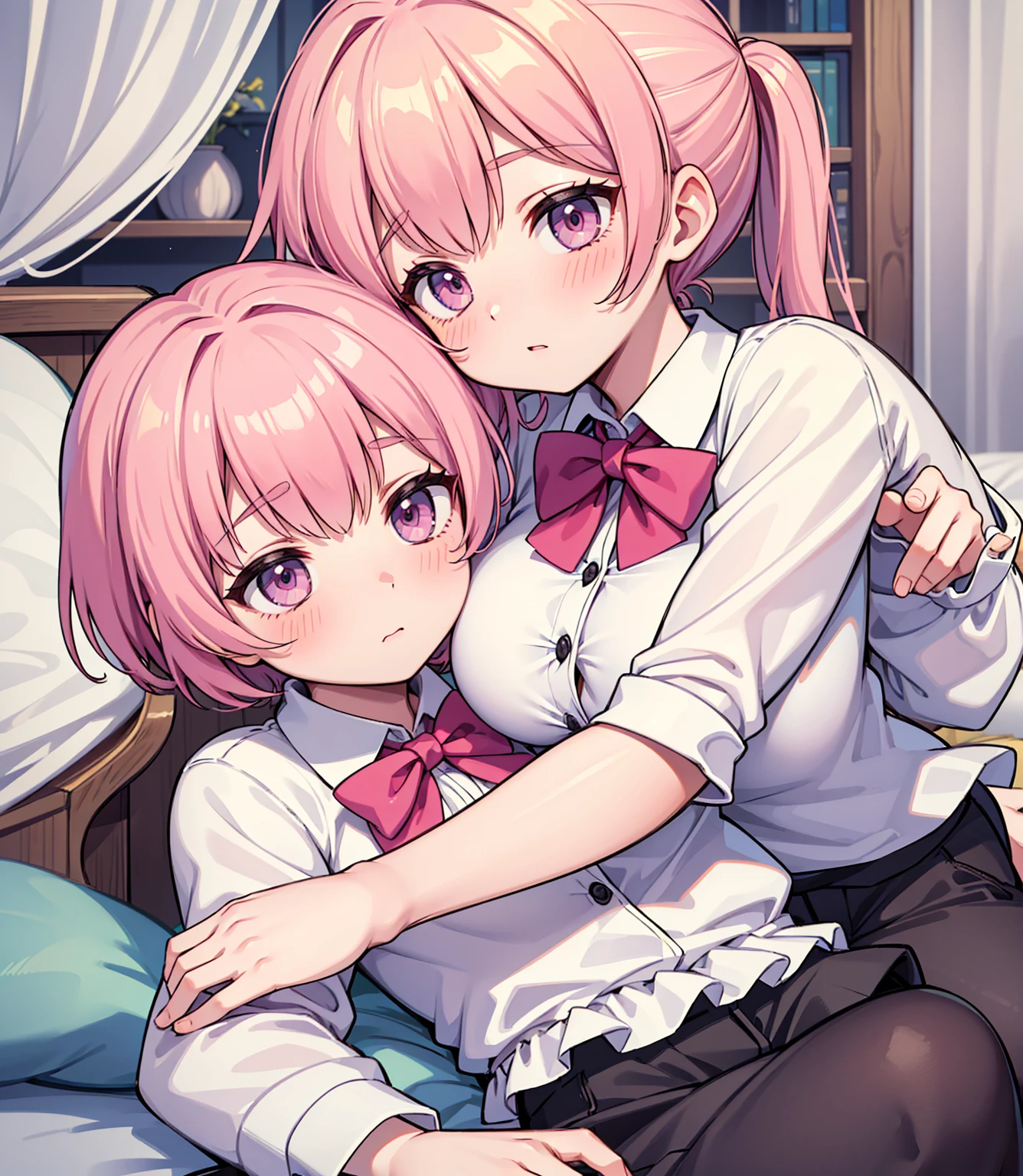 masterpiece, Highest quality, so beautiful, absurdists,High resolution,One girl, One boy,Cuddling in bed, like,sexly,Look at each one, blush,Age difference,bow tie,blondes,chest,Long Hair,Pink Hair,Tucked in shirt,short hair,skirt,Tent shirt,Slut,Big breasted sister and brother,Siblings, trousers,Pushing her big tits against her brother,(My brother's small erect penis),((((姉のHUGE breasts,Sister crushes her big tits in her brother's face)))),((((Very large breasts)),small penis,NSFW,潰れた Very large breasts)),(Bursting Breasts)