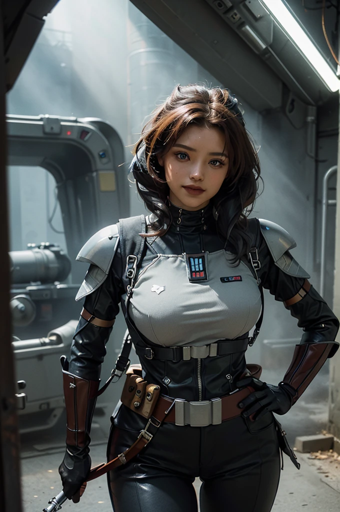 (Highest image quality, outstanding details, ultra-high resolution), 1 girl, (wearing futuristic military outfit), (glamour body:1.2, buffed and muscular body), (a bit chubby:0.5), (futuristic military outfit inspired by Darth Vader from Star Wars, military harness, military gears such as pouches), background military base, mild smile, dynamic pose, dramatic lighting,