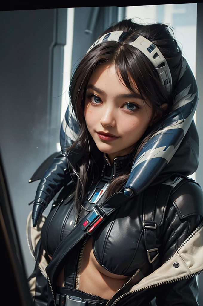 (Highest image quality, outstanding details, ultra-high resolution), 1 girl, (wearing futuristic military outfit), (glamour body:1.2, buffed and muscular body), (a bit chubby:0.5), (futuristic military outfit inspired by Darth Vader from Star Wars, military harness, military gears such as pouches), background military base, mild smile, dynamic pose, dramatic lighting,